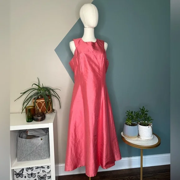 Elda De La Rosa Haute Couture Pink Shantung Silk Sleeveless A-Line Midi Dress L - Picture 2 of 11